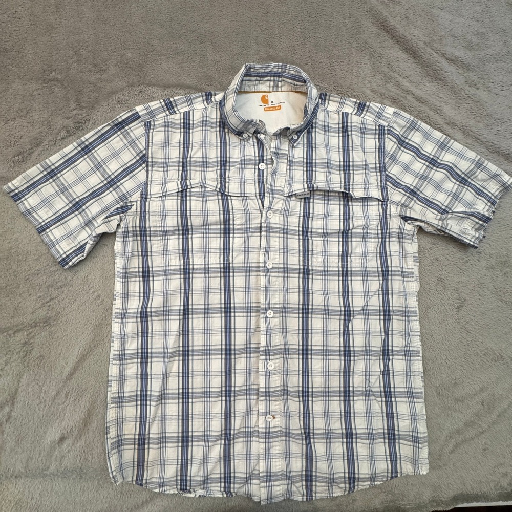 Carhartt Relaxed Fit Men's Short Sleeve Shirt‎ Size Medium Blue White Plaid
